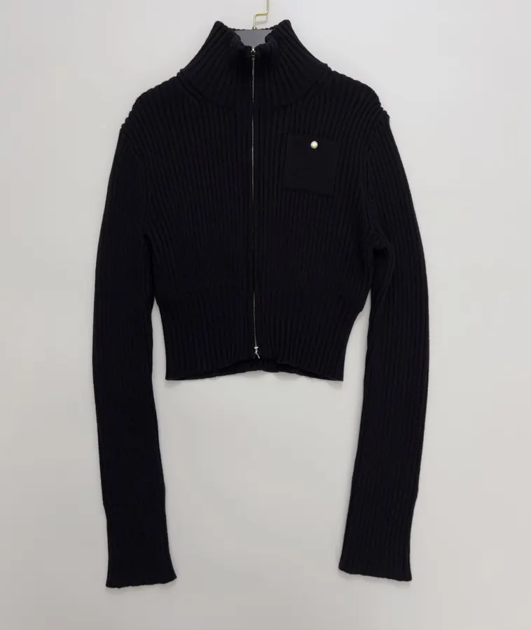 Knitted Sweater Zip-Up Stand-Collar Cardigan Outerwear in Black, product view 01