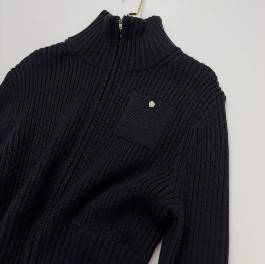 Knitted Sweater Zip-Up Stand-Collar Cardigan Outerwear in Black, product view 02