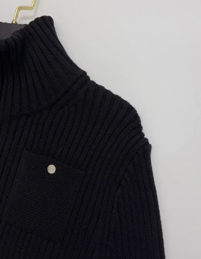 Knitted Sweater Zip-Up Stand-Collar Cardigan Outerwear in Black, product view 04