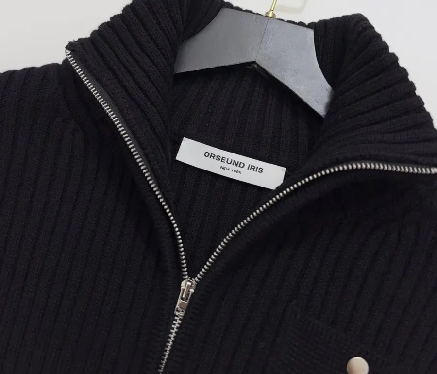 Knitted Sweater Zip-Up Stand-Collar Cardigan Outerwear in Black, product view 05