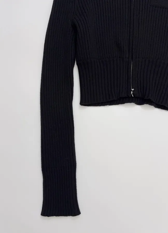 Knitted Sweater Zip-Up Stand-Collar Cardigan Outerwear in Black, product view 08