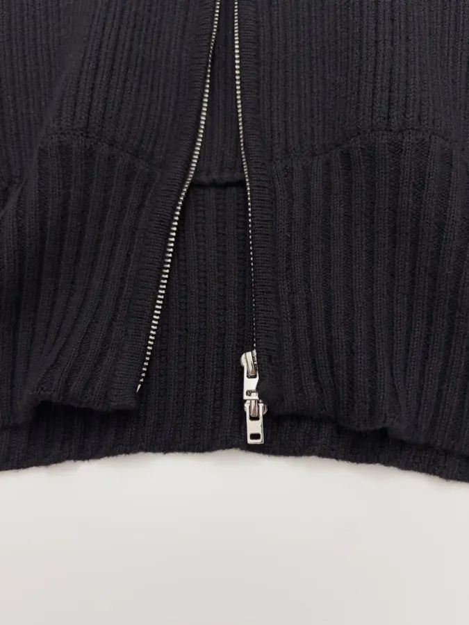Knitted Sweater Zip-Up Stand-Collar Cardigan Outerwear in Black, product view 11