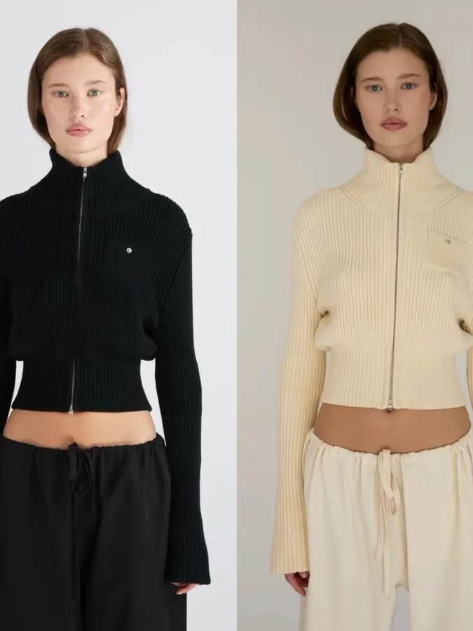Knitted Sweater Zip-Up Stand-Collar Cardigan Outerwear in Black, product view 16