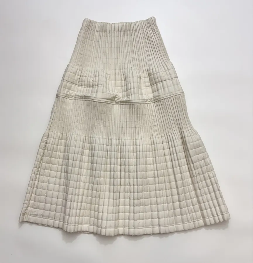 Ivory Quilted Pleated A-Line Midi Skirt in Off-White, product view 01