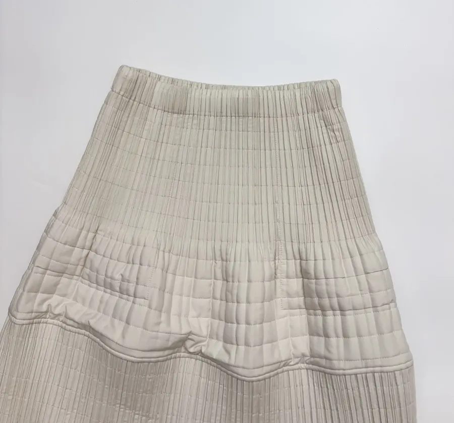 Ivory Quilted Pleated A-Line Midi Skirt in Off-White, product view 02