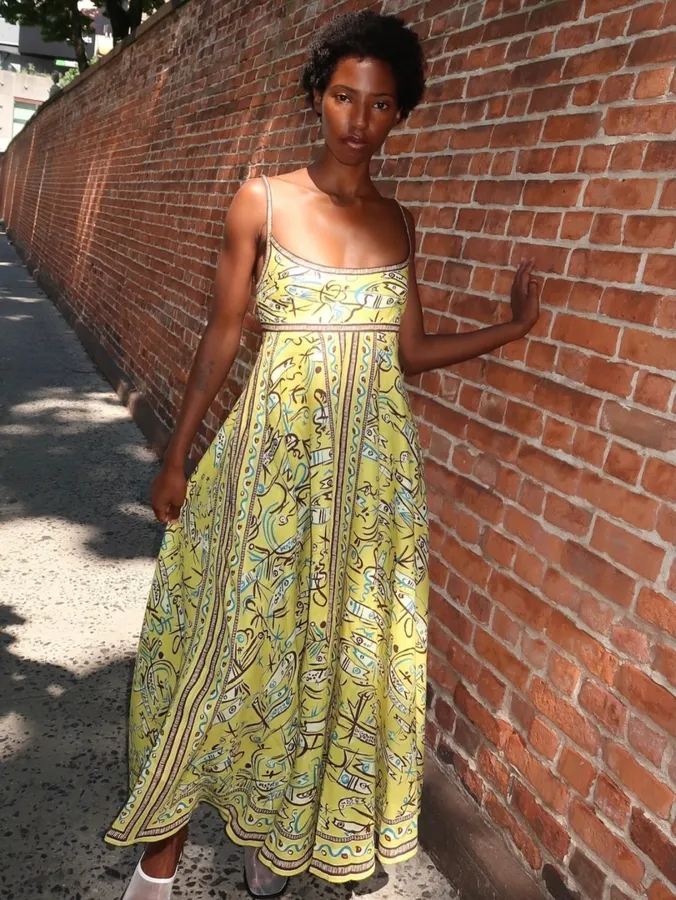 Retro Graffiti Small Fish Yellow Slip Dress in Yellow, product view 02