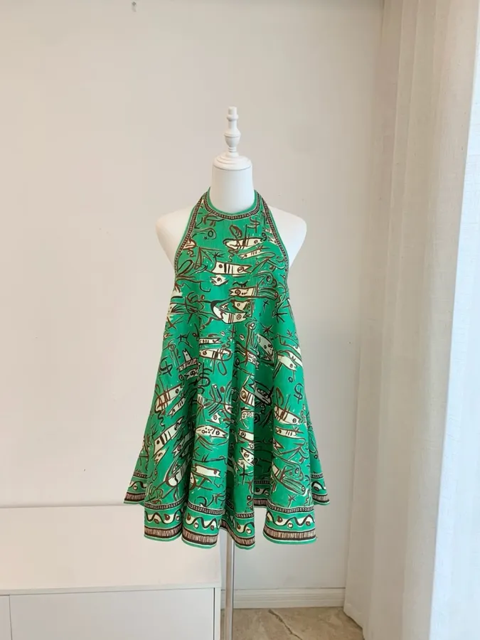 Fish-Print Halter A-Line Mini Dress in Green, product view 01