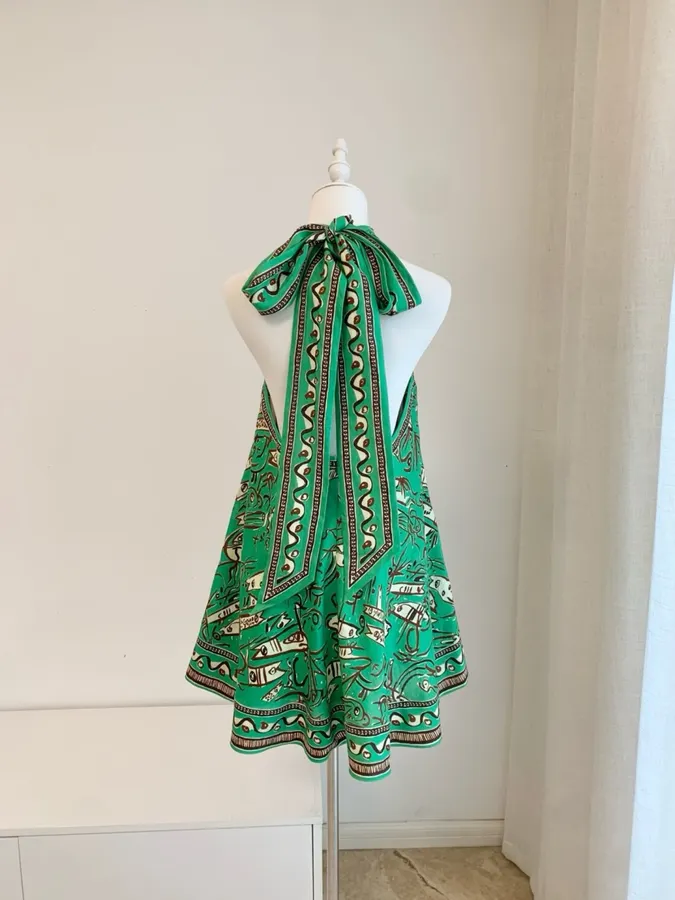 Fish-Print Halter A-Line Mini Dress in Green, product view 02