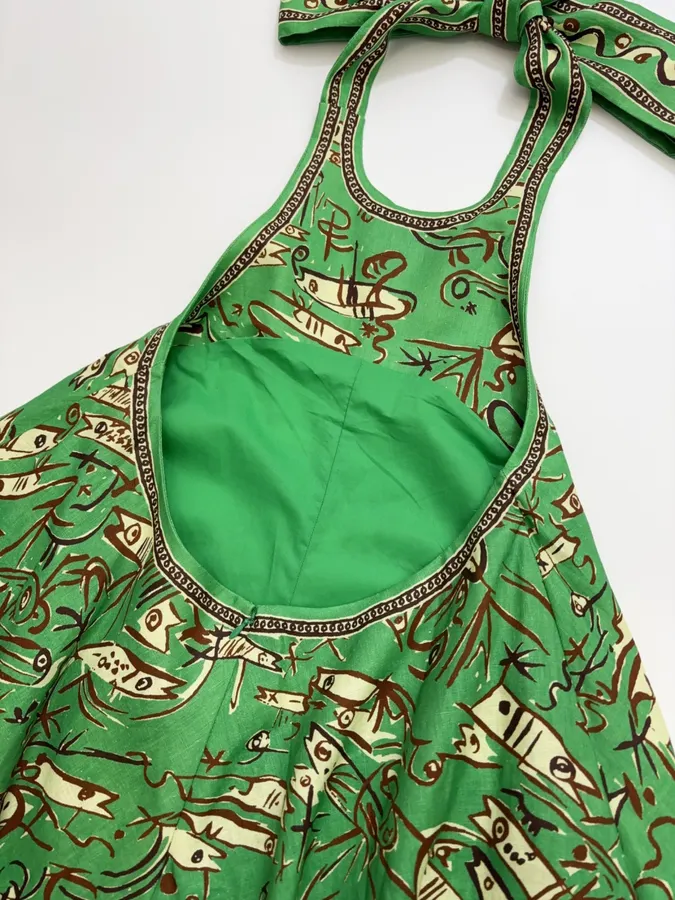 Fish-Print Halter A-Line Mini Dress in Green, product view 16