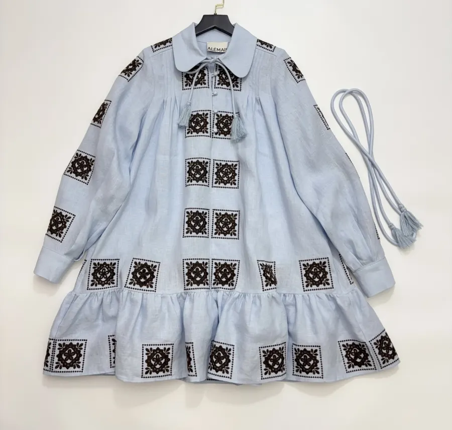 Blue Geometric Print Tie-Waist Ruffle Dress in Light Blue, product view 01