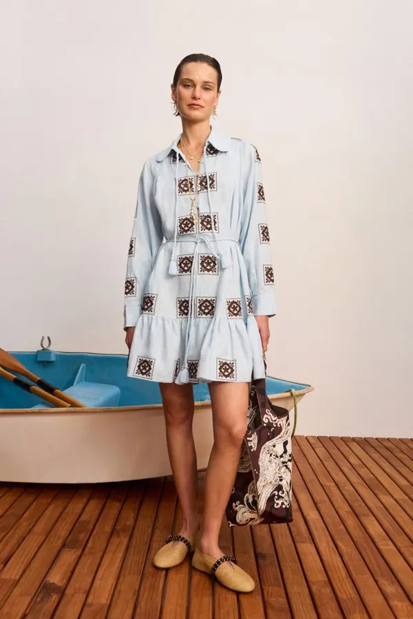 Blue Geometric Print Tie-Waist Ruffle Dress in Light Blue, product view 02