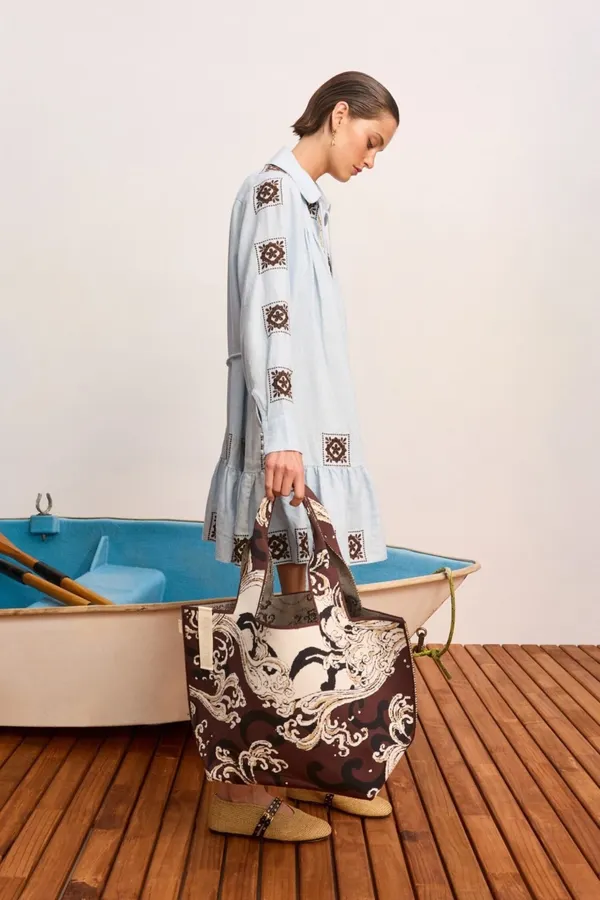 Blue Geometric Print Tie-Waist Ruffle Dress in Light Blue, product view 03