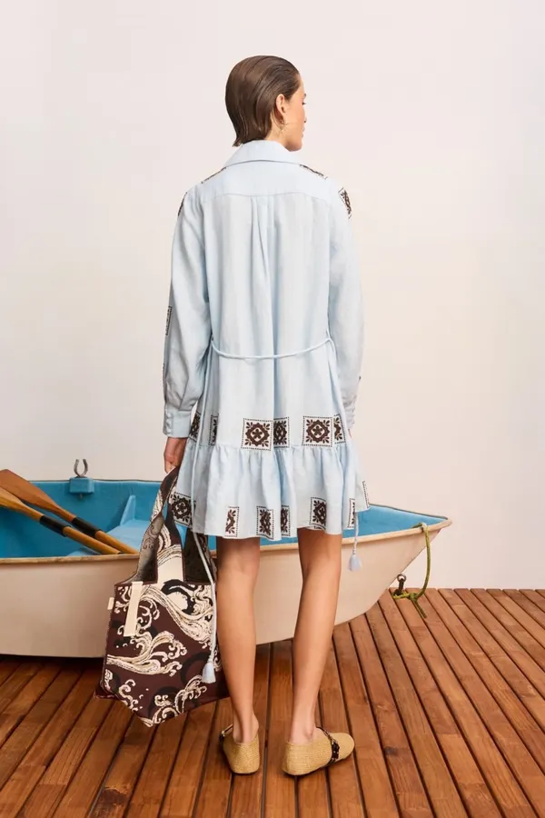Blue Geometric Print Tie-Waist Ruffle Dress in Light Blue, product view 04