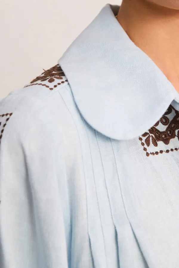 Blue Geometric Print Tie-Waist Ruffle Dress in Light Blue, product view 05