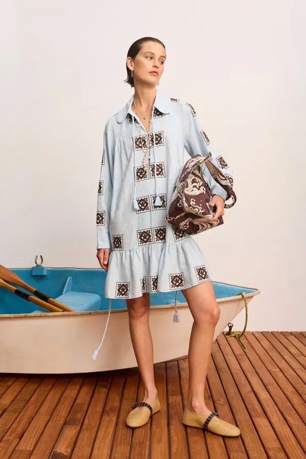 Blue Geometric Print Tie-Waist Ruffle Dress in Light Blue, product view 06