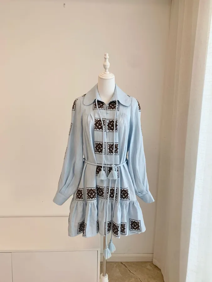 Blue Geometric Print Tie-Waist Ruffle Dress in Light Blue, product view 07