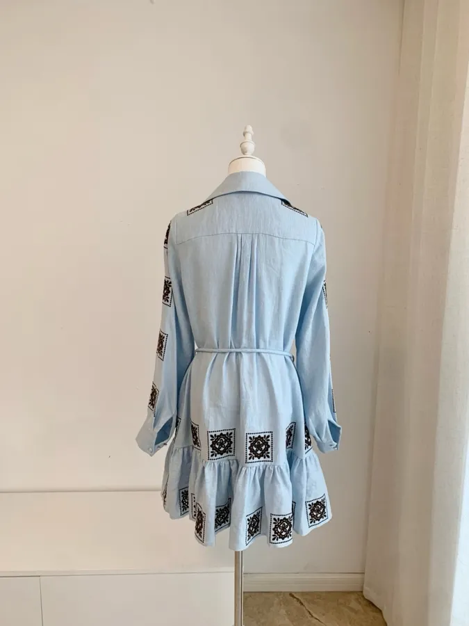 Blue Geometric Print Tie-Waist Ruffle Dress in Light Blue, product view 08