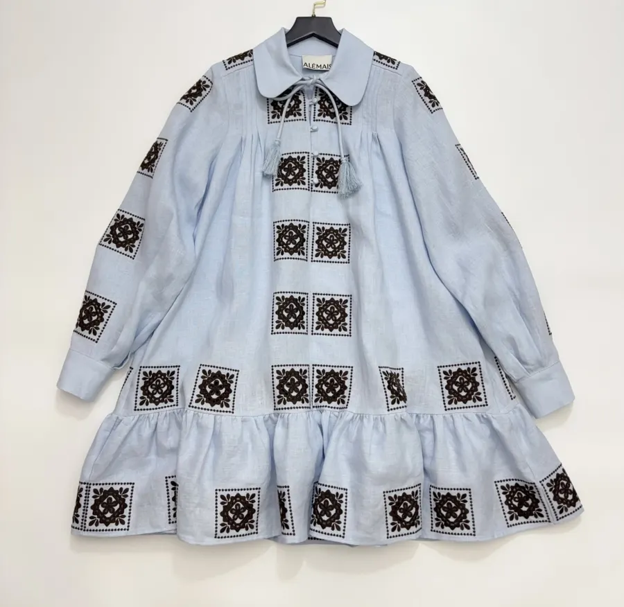 Blue Geometric Print Tie-Waist Ruffle Dress in Light Blue, product view 10