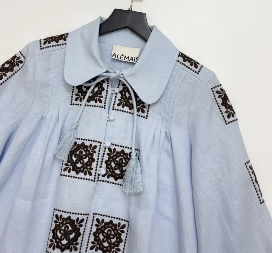 Blue Geometric Print Tie-Waist Ruffle Dress in Light Blue, product view 11