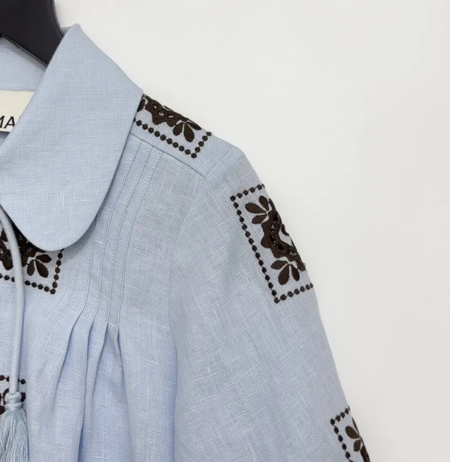 Blue Geometric Print Tie-Waist Ruffle Dress in Light Blue, product view 12