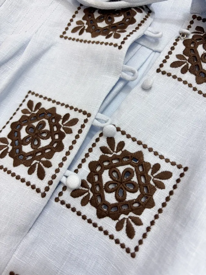 Blue Geometric Print Tie-Waist Ruffle Dress in Light Blue, product view 14