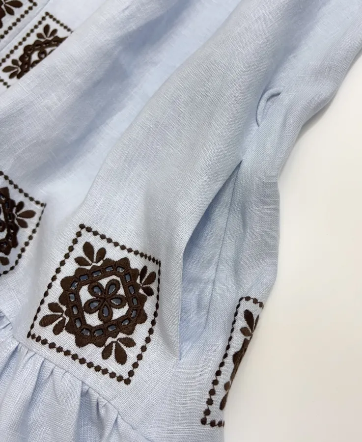 Blue Geometric Print Tie-Waist Ruffle Dress in Light Blue, product view 18