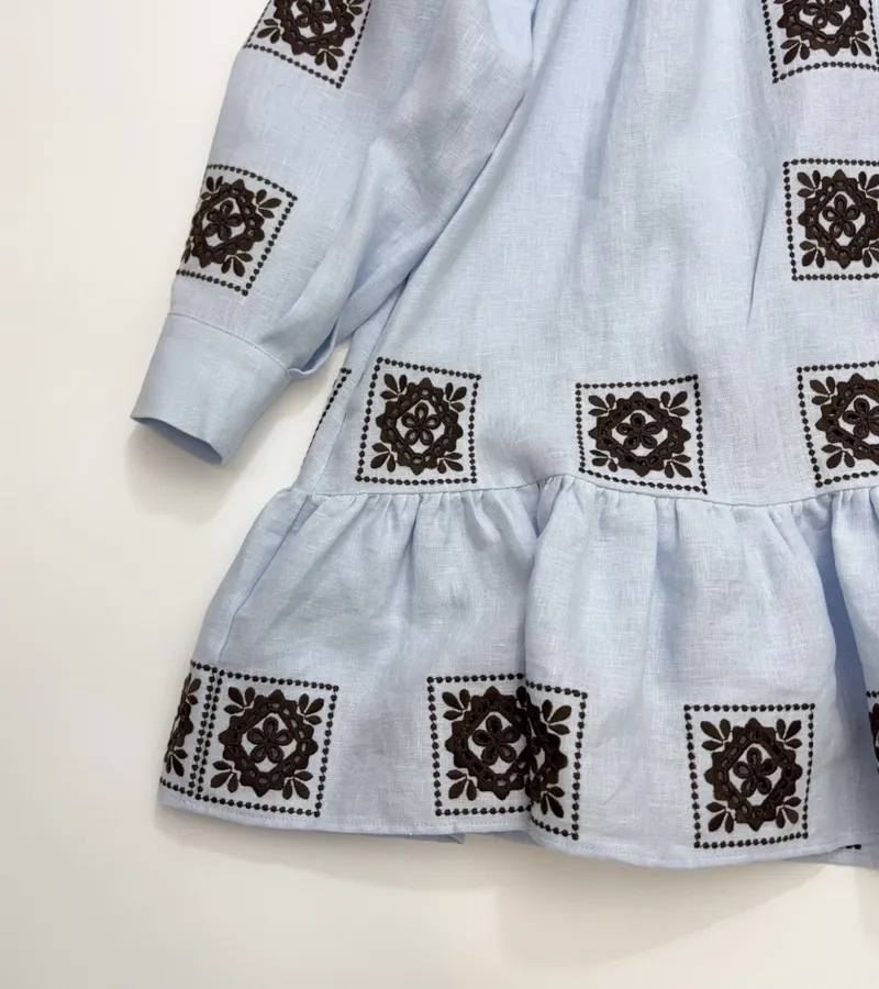 Blue Geometric Print Tie-Waist Ruffle Dress in Light Blue, product view 19