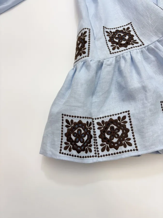 Blue Geometric Print Tie-Waist Ruffle Dress in Light Blue, product view 20