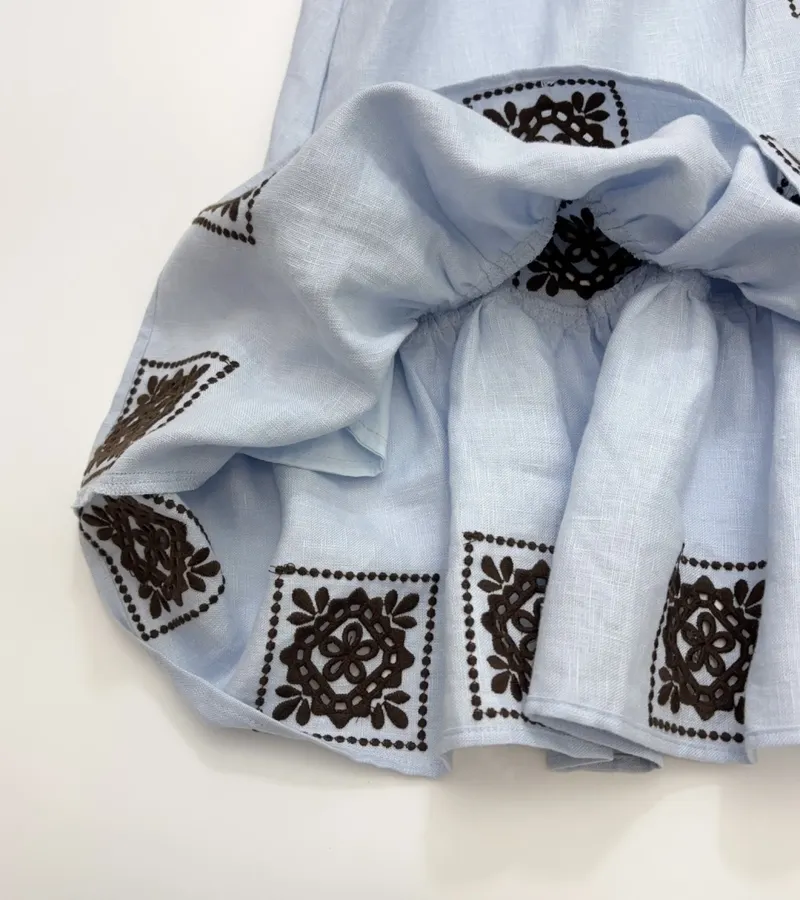 Blue Geometric Print Tie-Waist Ruffle Dress in Light Blue, product view 22