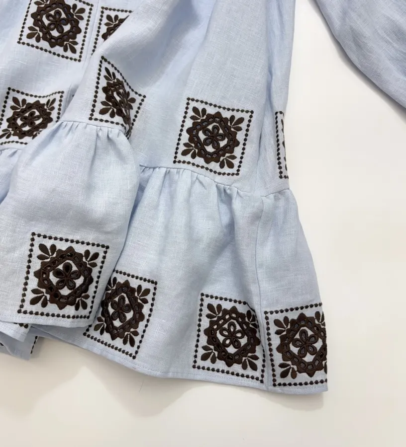 Blue Geometric Print Tie-Waist Ruffle Dress in Light Blue, product view 23