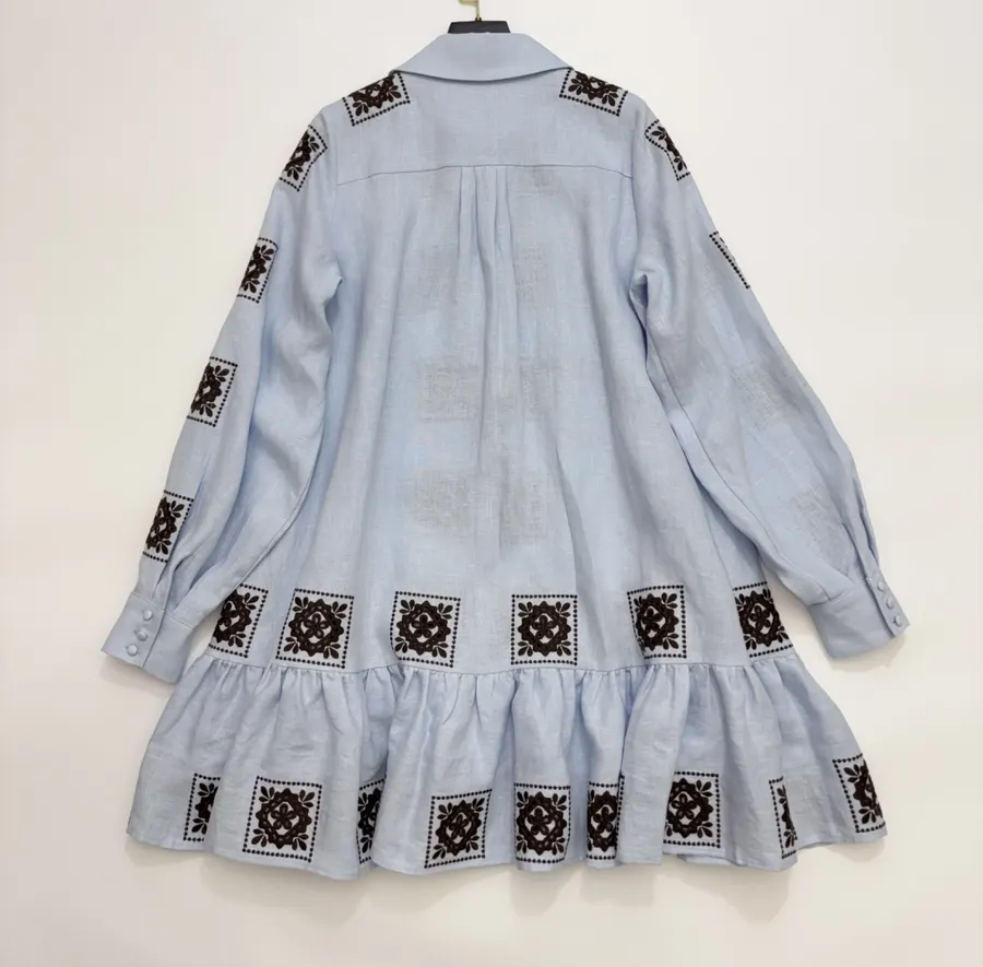 Blue Geometric Print Tie-Waist Ruffle Dress in Light Blue, product view 24