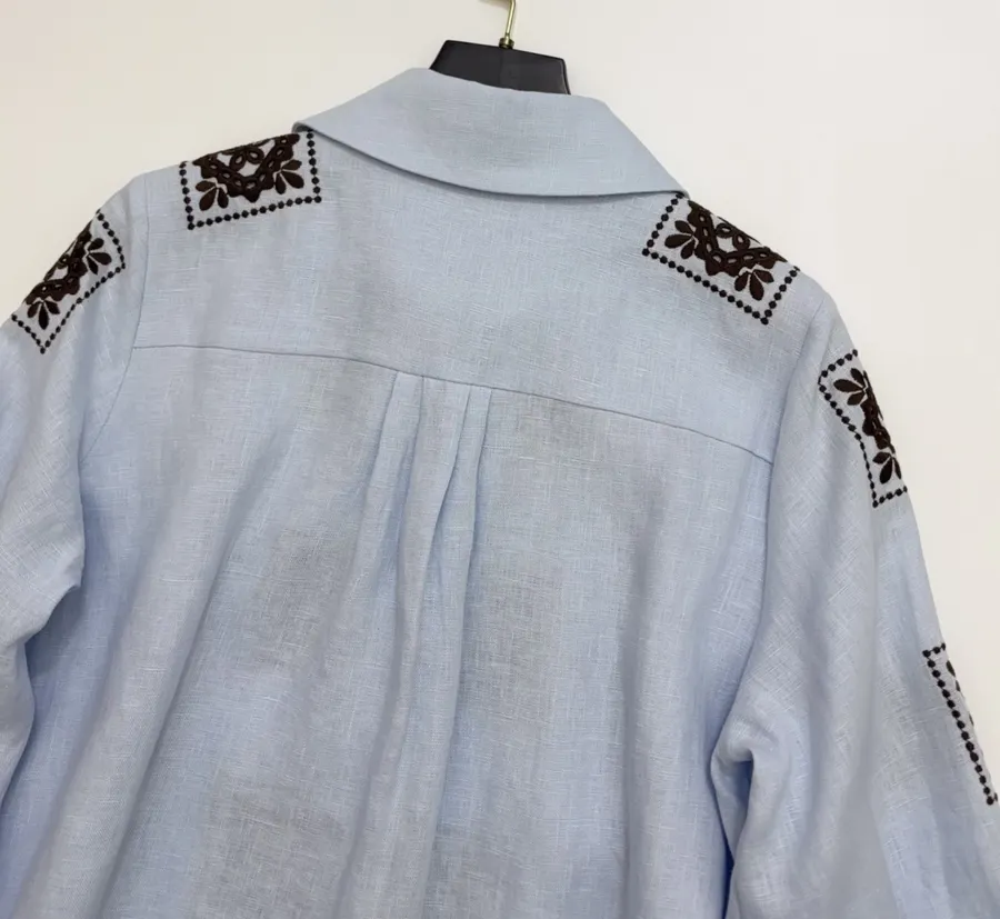 Blue Geometric Print Tie-Waist Ruffle Dress in Light Blue, product view 25