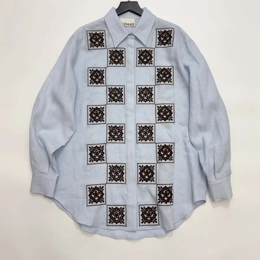 Retro Embroidered Shirt | Checkered Floral Casual Loose Linen Blouse in Light Blue, product view 01