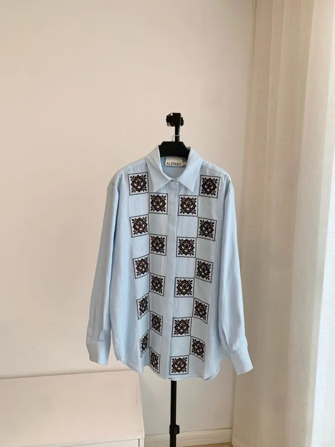 Retro Embroidered Shirt | Checkered Floral Casual Loose Linen Blouse in Light Blue, product view 02