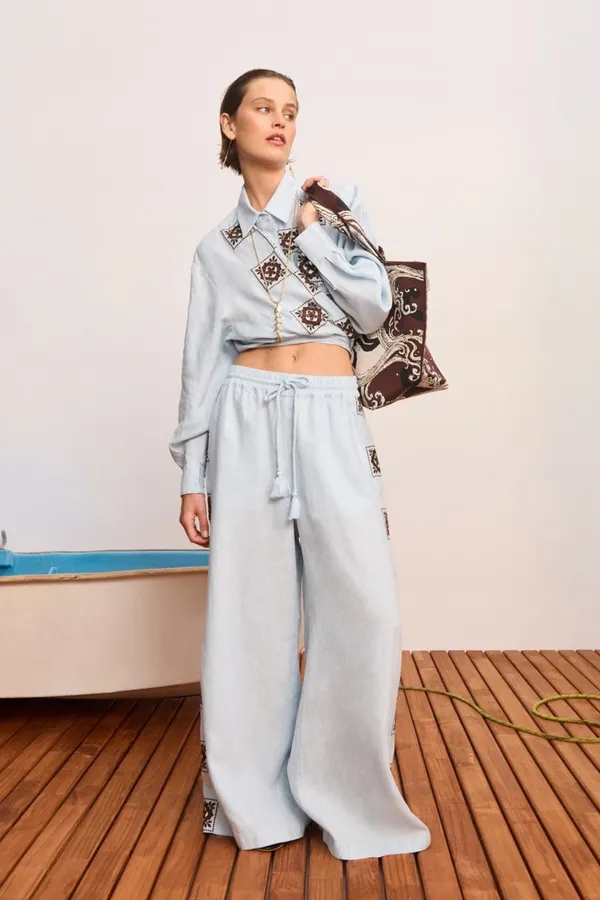 Retro Embroidered Shirt | Checkered Floral Casual Loose Linen Blouse in Light Blue, product view 03
