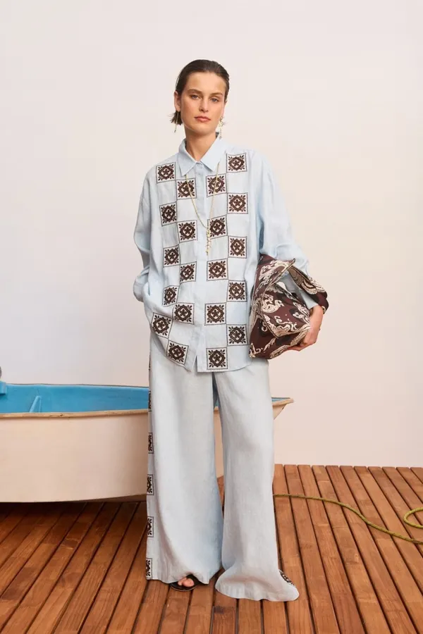 Retro Embroidered Shirt | Checkered Floral Casual Loose Linen Blouse in Light Blue, product view 05