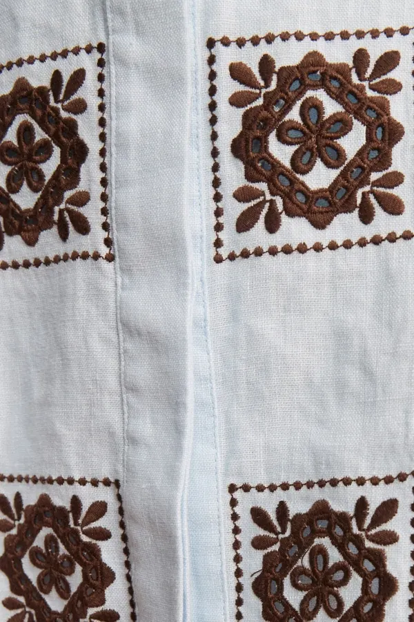 Retro Embroidered Shirt | Checkered Floral Casual Loose Linen Blouse in Light Blue, product view 06