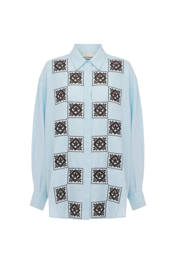 Retro Embroidered Shirt | Checkered Floral Casual Loose Linen Blouse in Light Blue, product view 07
