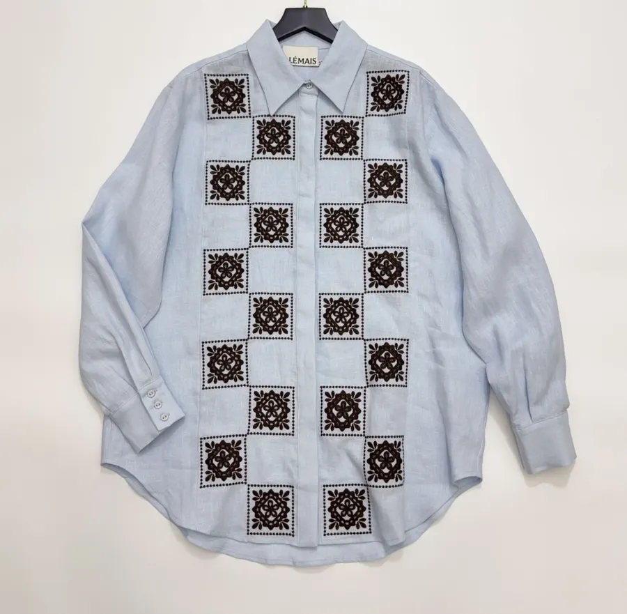 Retro Embroidered Shirt | Checkered Floral Casual Loose Linen Blouse in Light Blue, product view 08