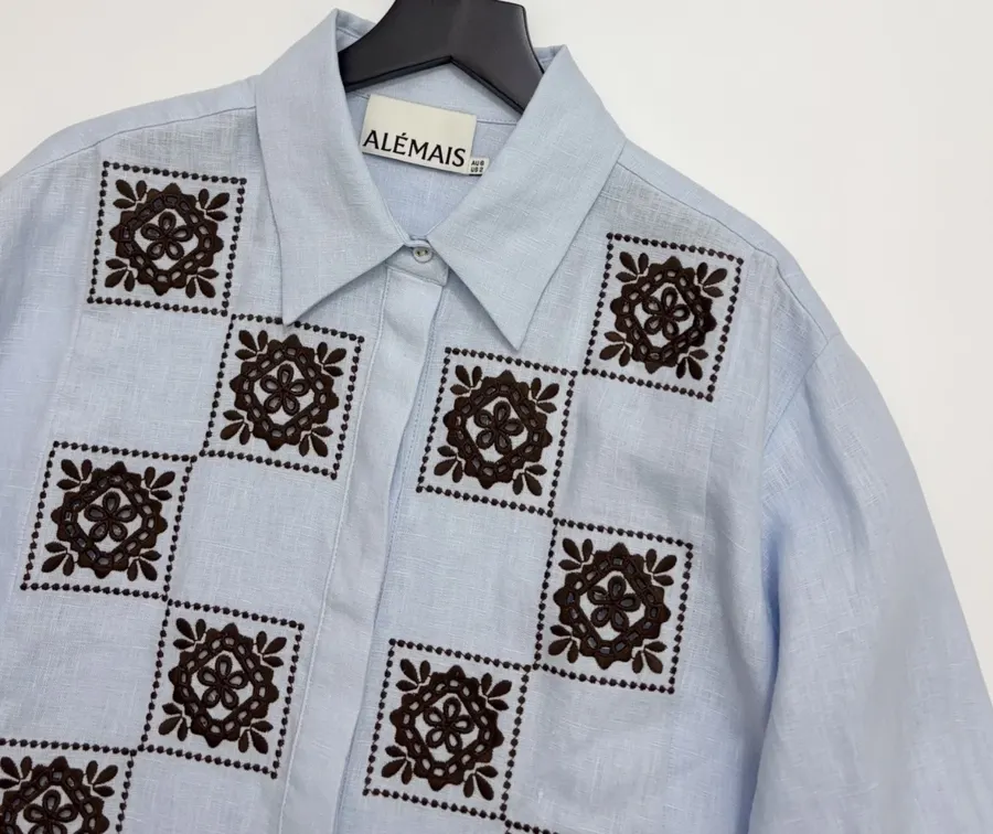 Retro Embroidered Shirt | Checkered Floral Casual Loose Linen Blouse in Light Blue, product view 09