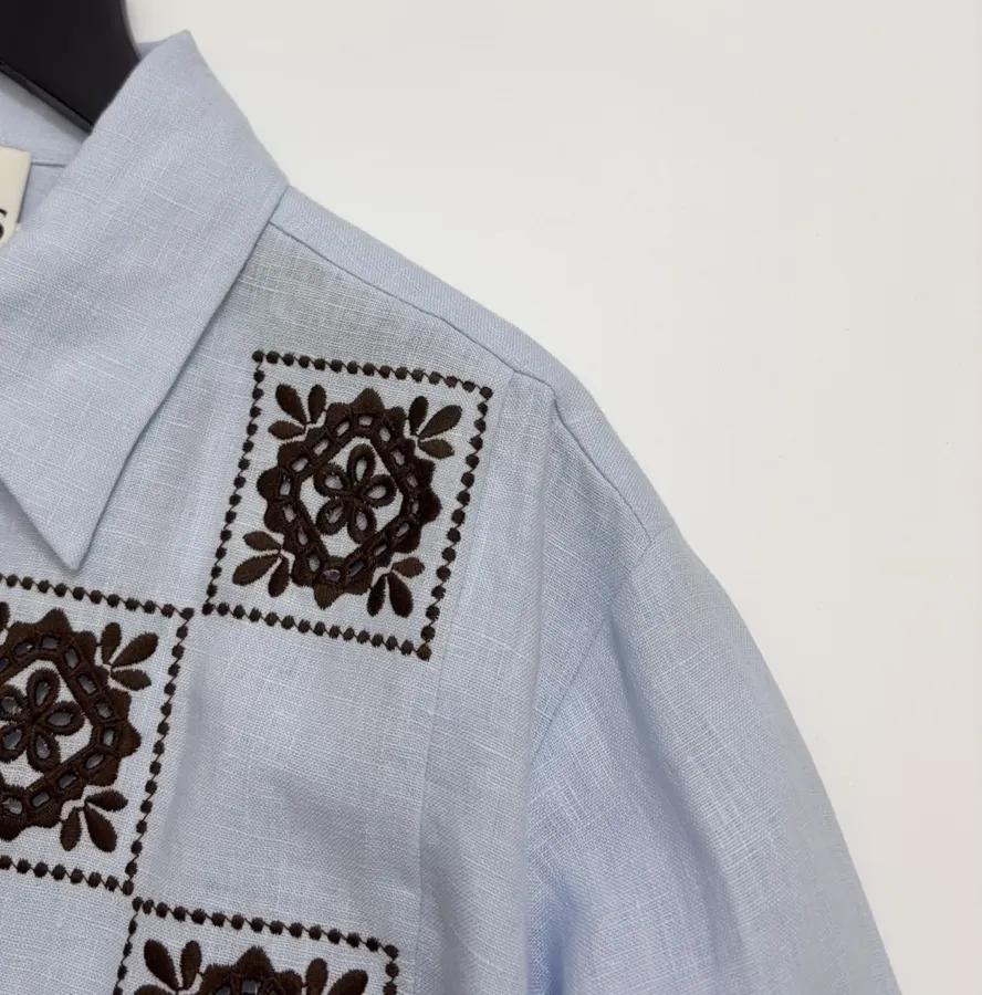 Retro Embroidered Shirt | Checkered Floral Casual Loose Linen Blouse in Light Blue, product view 10