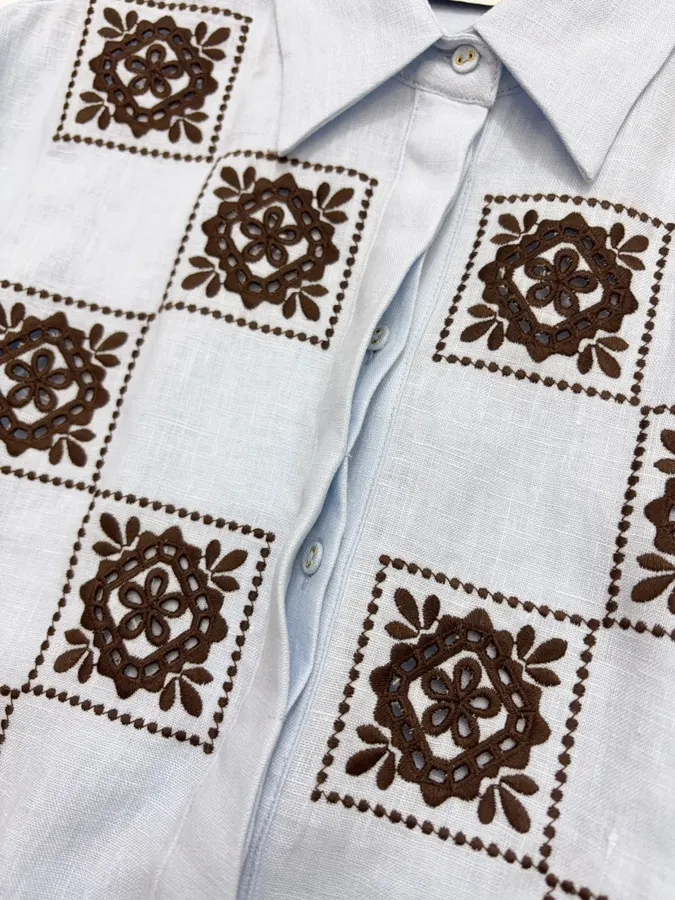 Retro Embroidered Shirt | Checkered Floral Casual Loose Linen Blouse in Light Blue, product view 11