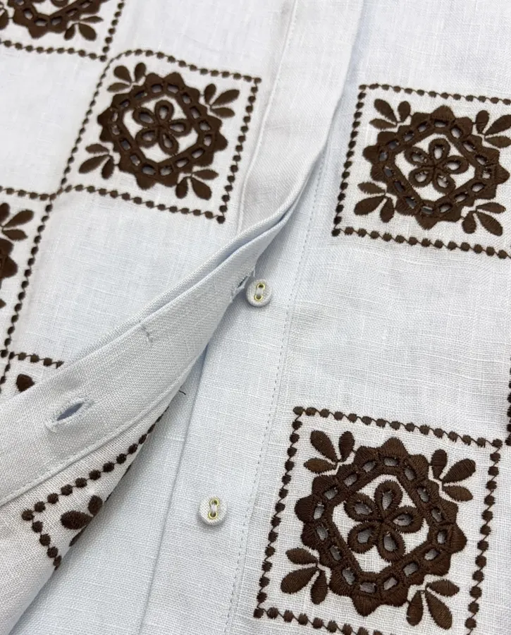 Retro Embroidered Shirt | Checkered Floral Casual Loose Linen Blouse in Light Blue, product view 12