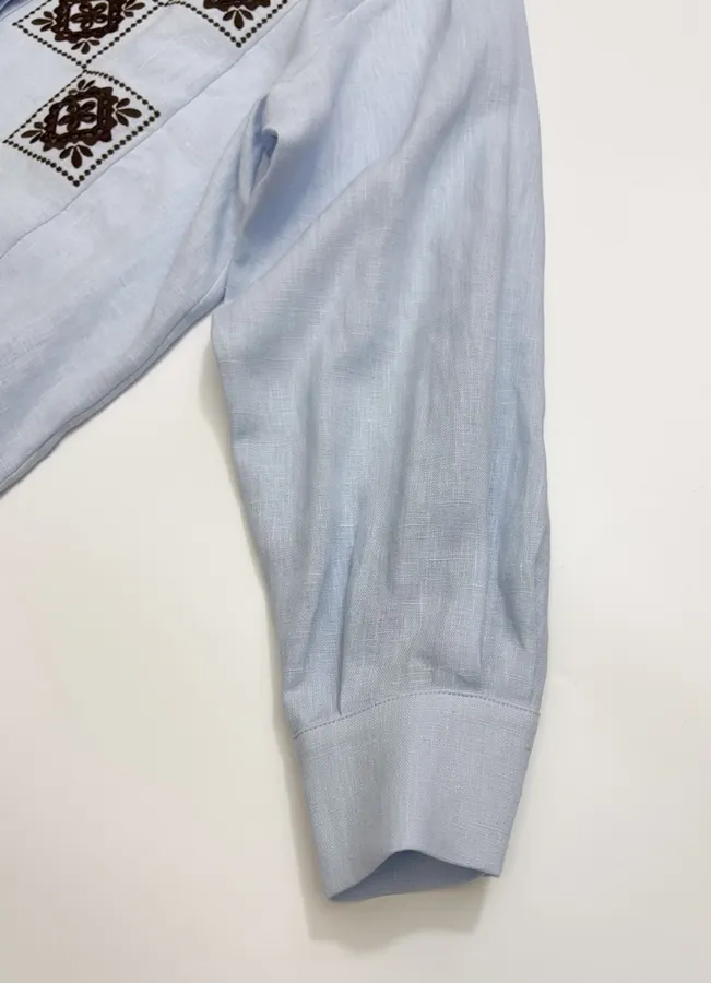 Retro Embroidered Shirt | Checkered Floral Casual Loose Linen Blouse in Light Blue, product view 13