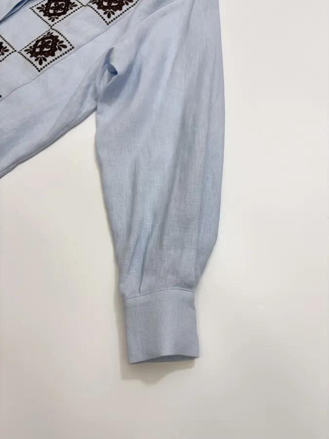 Retro Embroidered Shirt | Checkered Floral Casual Loose Linen Blouse in Light Blue, product view 14