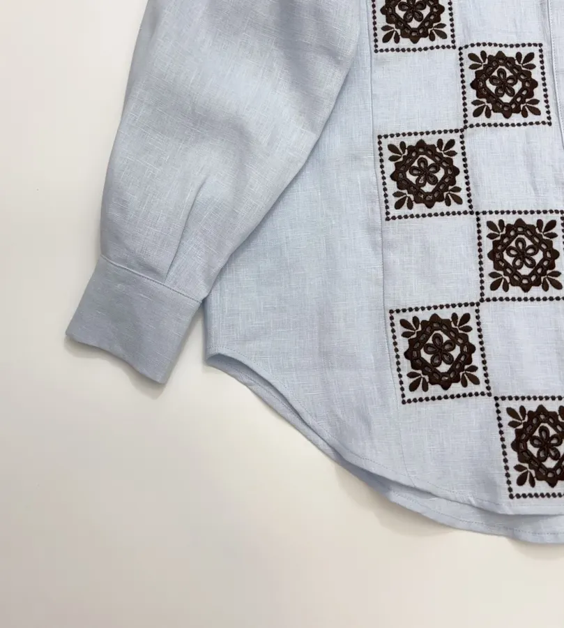 Retro Embroidered Shirt | Checkered Floral Casual Loose Linen Blouse in Light Blue, product view 15