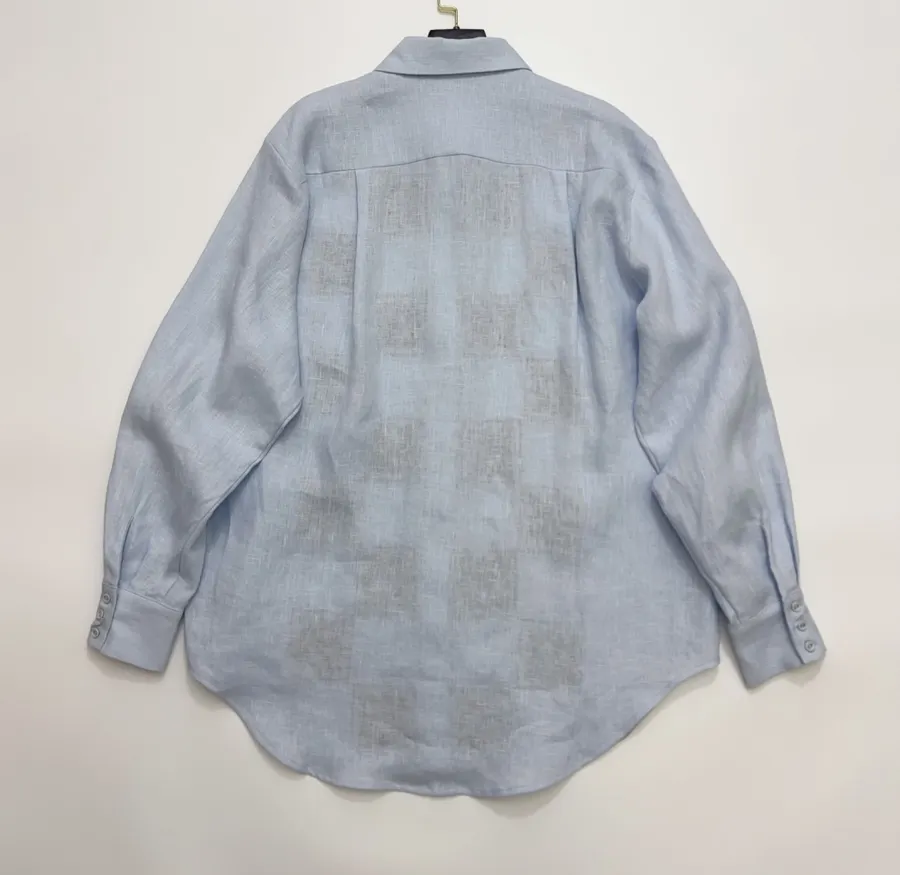 Retro Embroidered Shirt | Checkered Floral Casual Loose Linen Blouse in Light Blue, product view 17