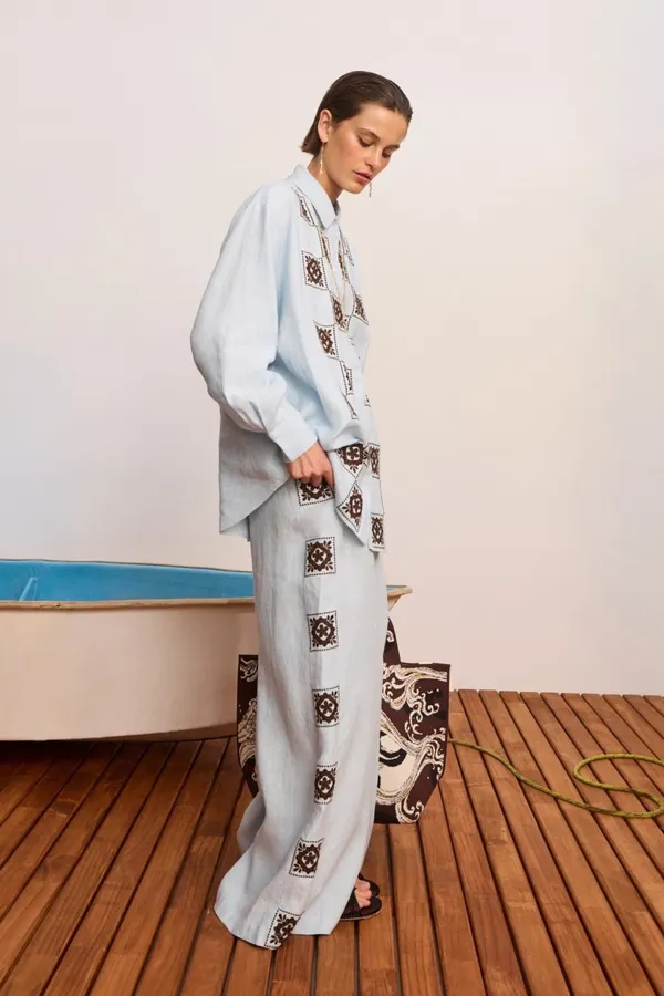 Linen Long Pants in Light Blue, product view 04
