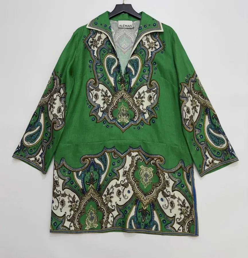 Retro Paisley-print Lapel Three-quarter Sleeve Dress, Loose Linen Resort Short Skirt in Green, product view 01