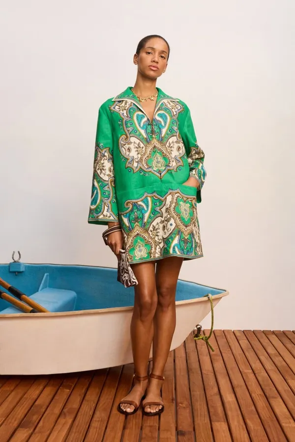 Retro Paisley-print Lapel Three-quarter Sleeve Dress, Loose Linen Resort Short Skirt in Green, product view 02